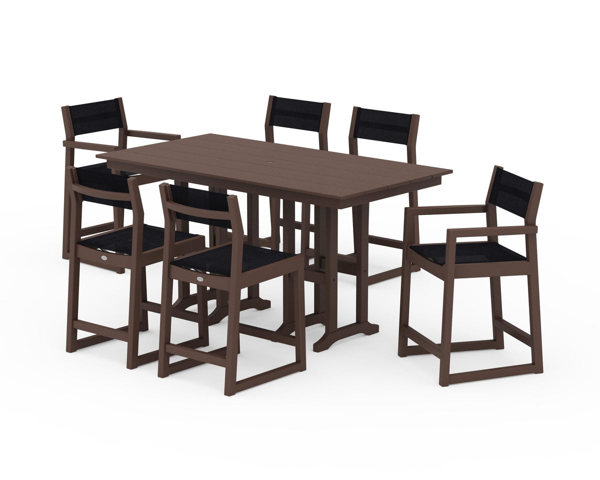 POLYWOOD EDGE Sling 7-Piece Farmhouse Counter Set with Trestle Legs in Mahogany / Black