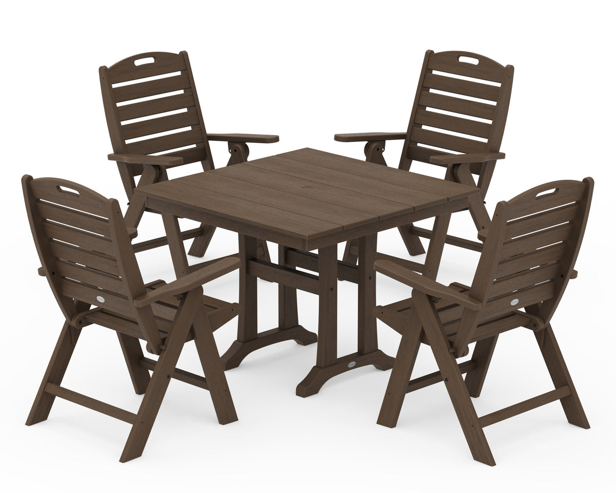 POLYWOOD Nautical Folding Highback Chair 5-Piece Farmhouse Trestle Dining Set in Kona