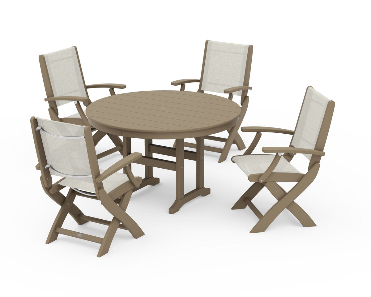 POLYWOOD Coastal Folding Chair 5-Piece Round Dining Set in Vintage Sahara / Parchment