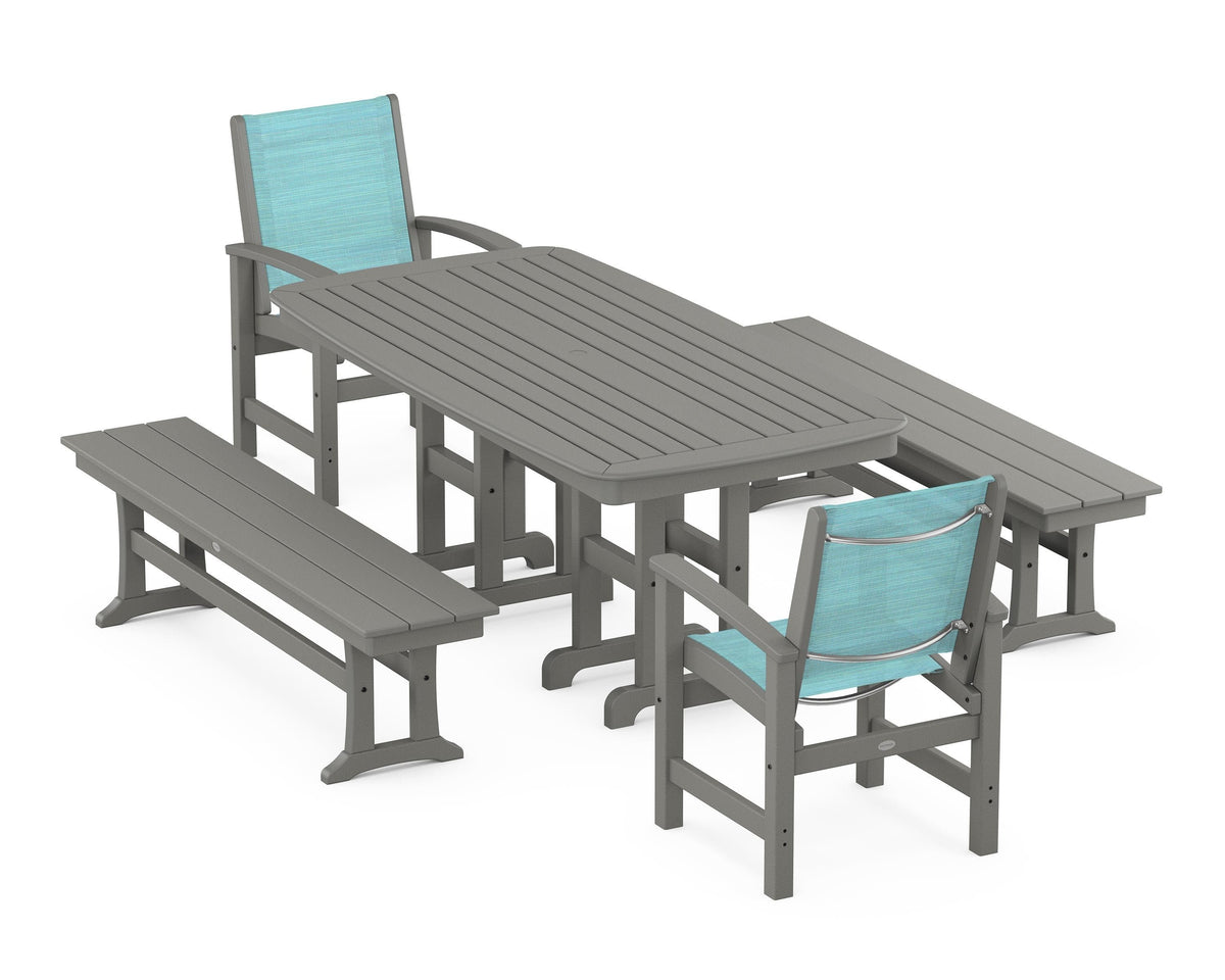 POLYWOOD Coastal 5-Piece Dining Set with Nautical 37" x 72" Dining Table in Slate Grey / Dupioni Aquamarine
