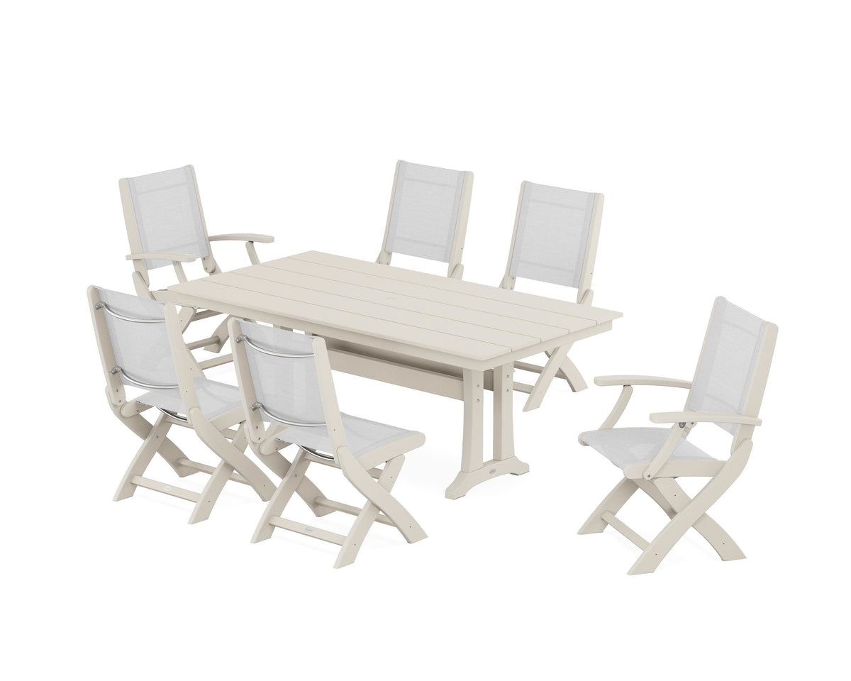 POLYWOOD Coastal Folding Chair 7-Piece Farmhouse Dining Set with Trestle Legs in Sand / White