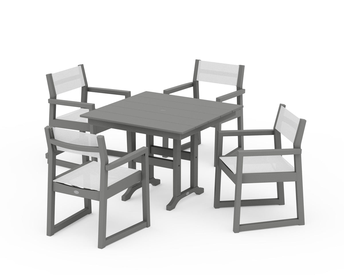 POLYWOOD EDGE Sling Arm Chair 5-Piece Farmhouse Dining Set in Slate Grey / White