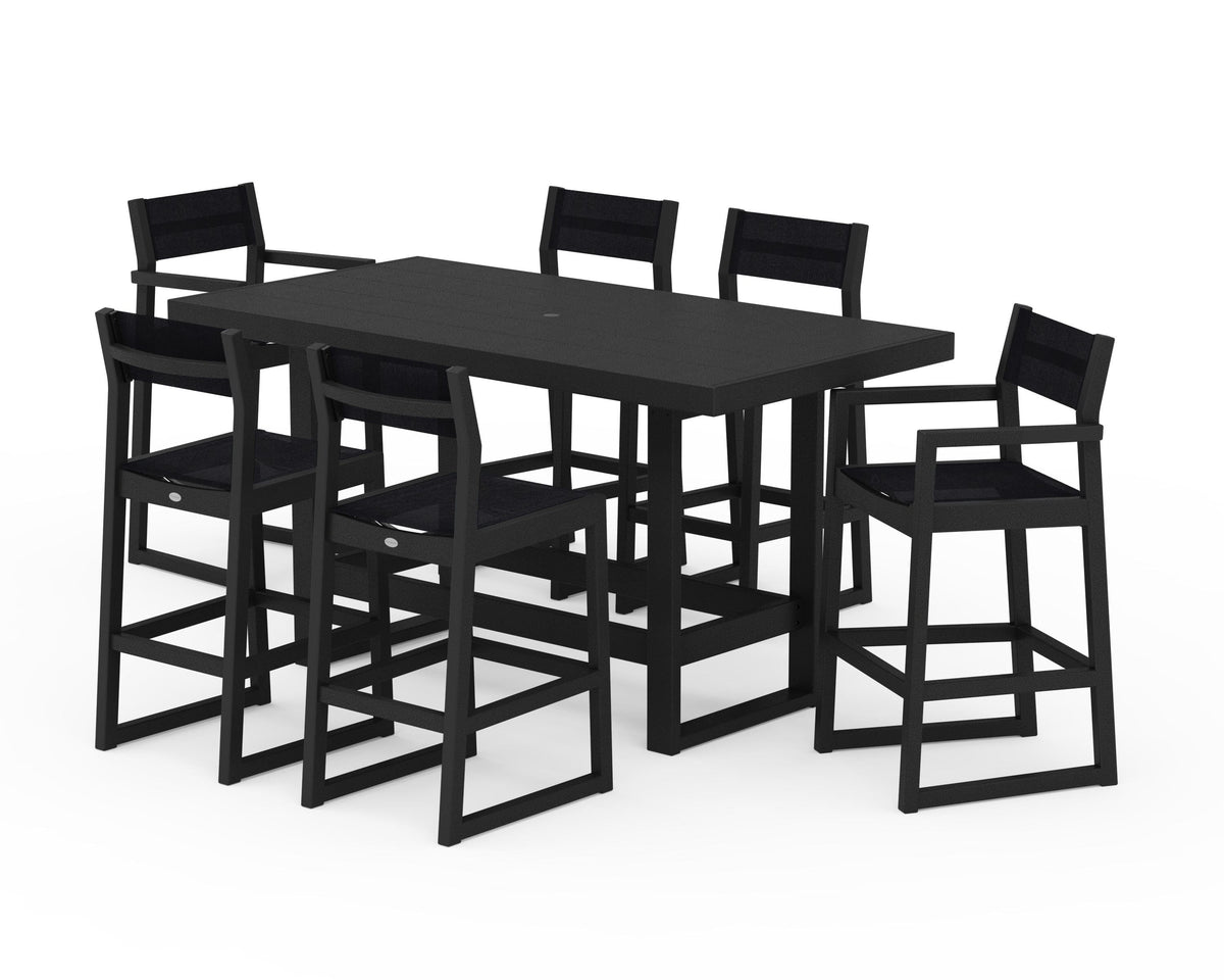 POLYWOOD EDGE Sling 7-Piece Bar Table Set in Black / Black