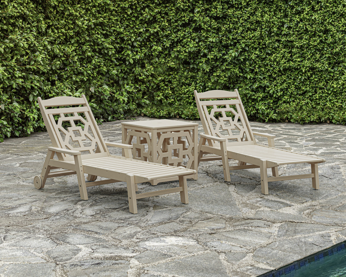 POLYWOOD Chinoiserie 3-Piece Chaise Set with Umbrella Stand Accent Table in an outdoor setting