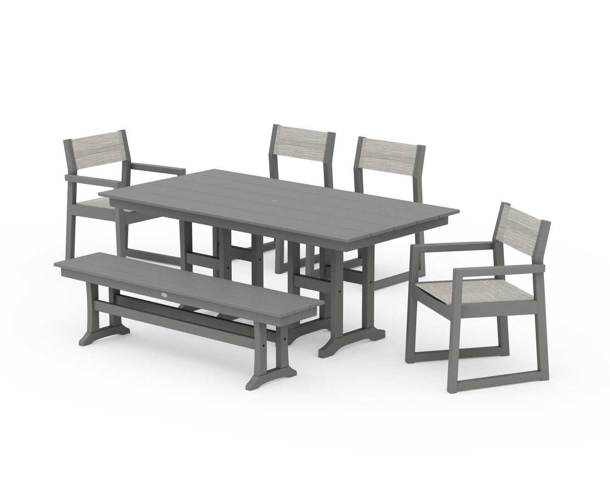 POLYWOOD EDGE Sling 6-Piece Farmhouse Dining Set in Slate Grey / Birch