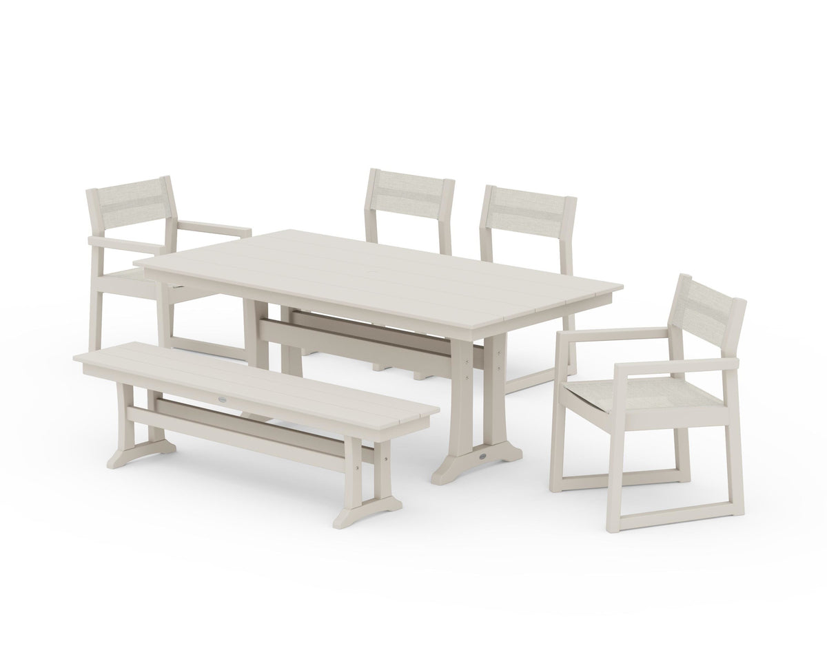 POLYWOOD EDGE Sling 6-Piece Farmhouse Dining Set With Trestle Legs in Sand / Parchment
