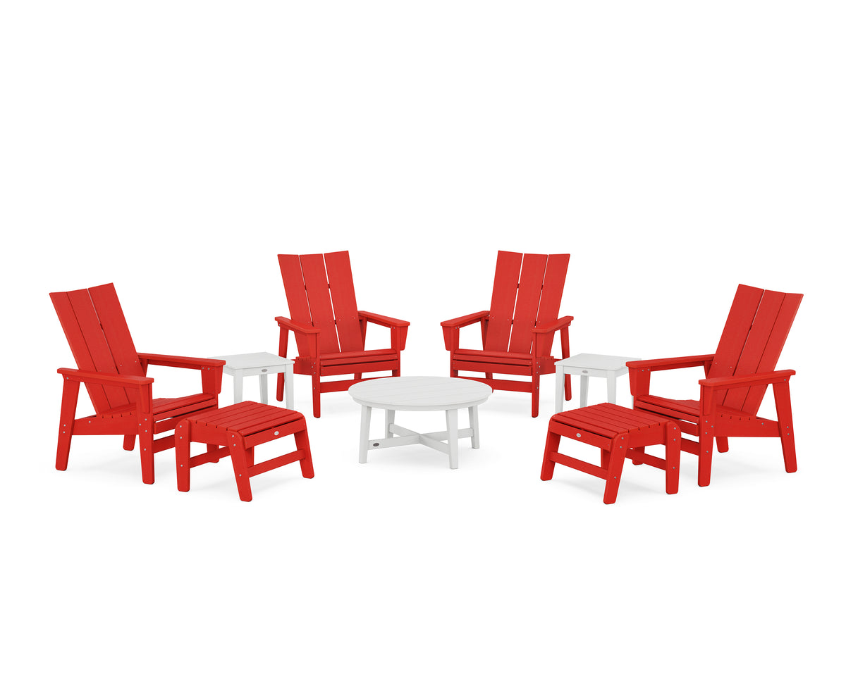 POLYWOOD Modern Grand Upright Adirondack 9-Piece Conversation Set in Sunset Red / White