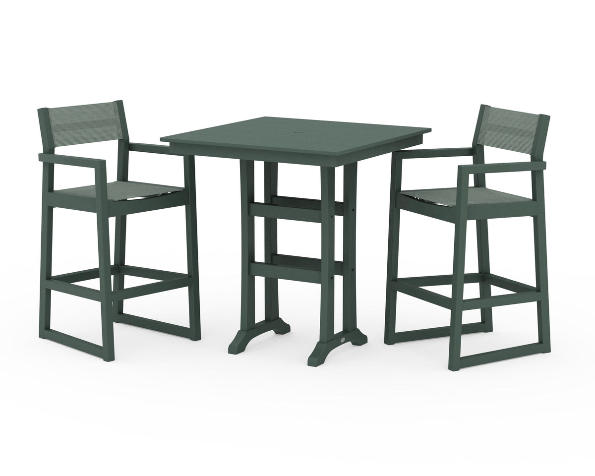 POLYWOOD EDGE Sling Arm Chair 3-Piece Farmhouse Bar Set with Trestle Legs in Green / Dupioni Sea Mist