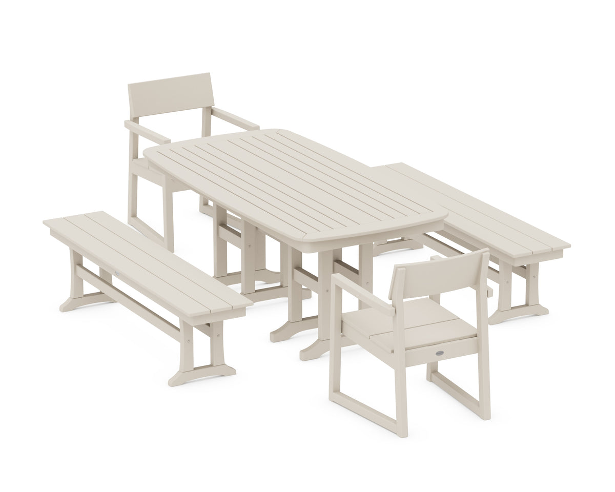 POLYWOOD EDGE 5-Piece Dining Set with Benches (Nautical 37" x 72" Table) in Sand