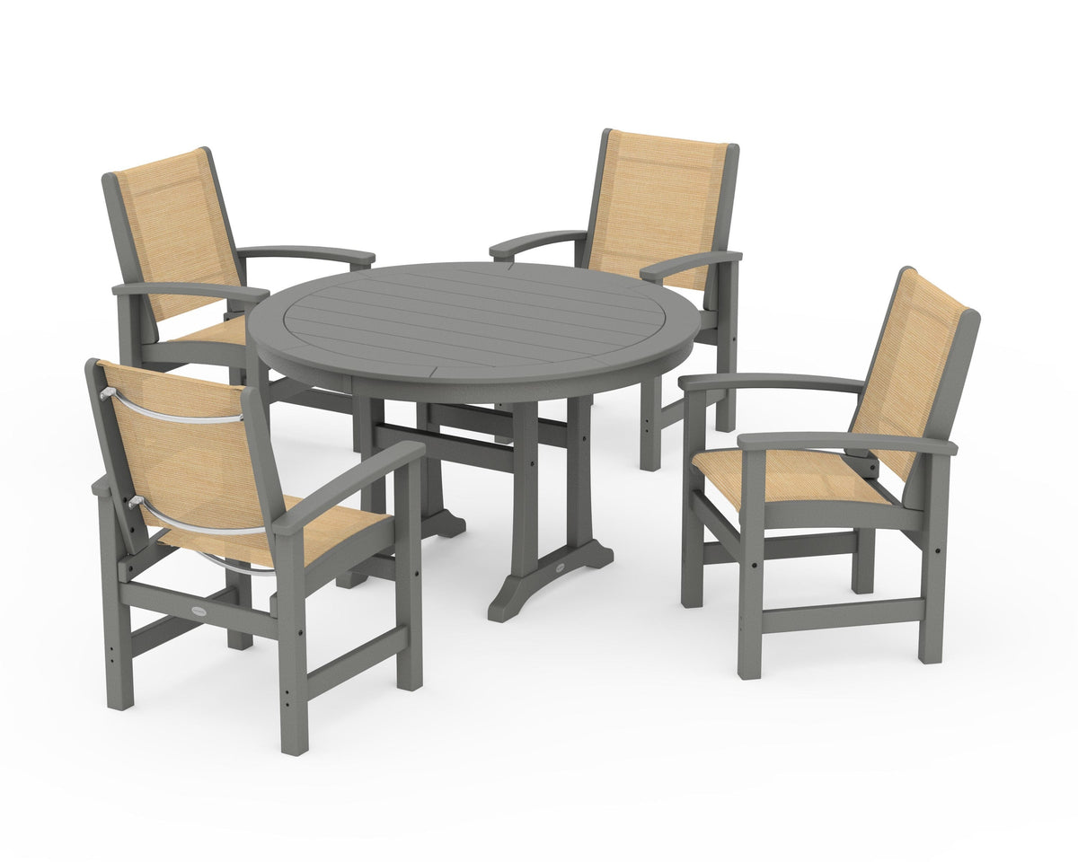 POLYWOOD Coastal 5-Piece Round Dining Set with Trestle Legs in Slate Grey / Dupioni Apricot