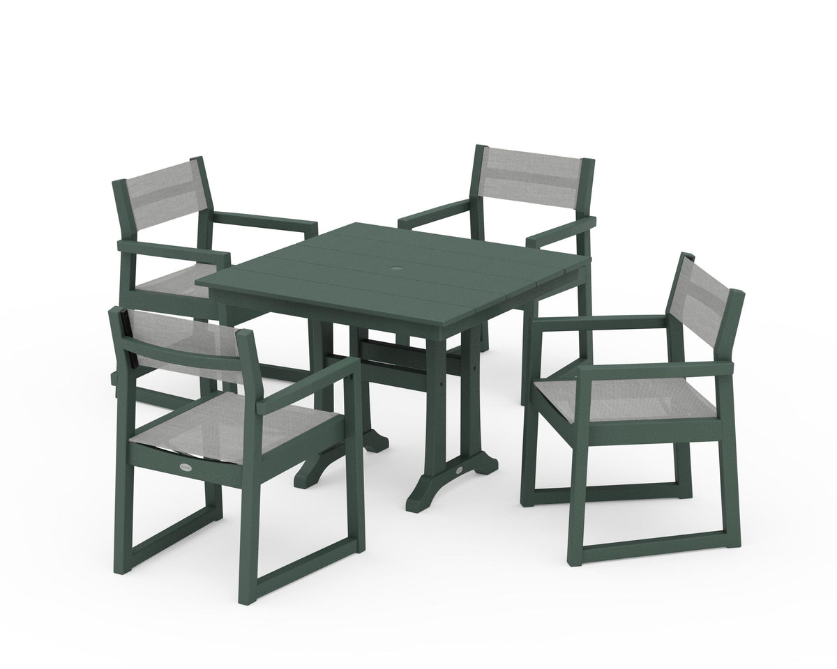 POLYWOOD EDGE Sling 5-Piece Farmhouse Dining Set with Trestle Legs in Green / Metallic