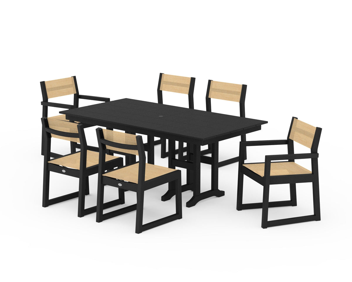 POLYWOOD EDGE Sling 7-Piece Farmhouse Dining Set in Black / Dupioni Apricot