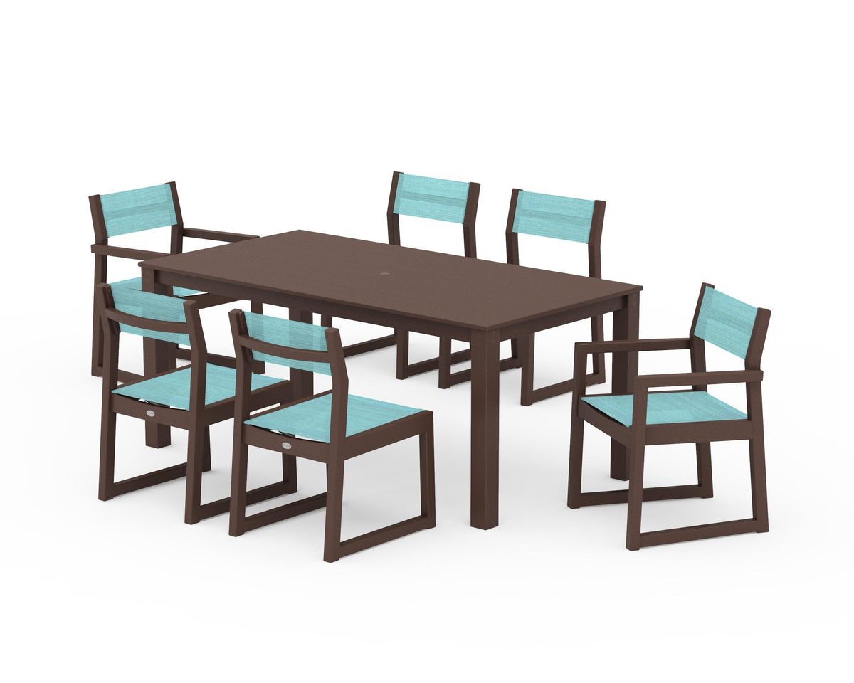 POLYWOOD EDGE Sling 7-Piece Parsons Dining Set in Mahogany / Dupioni Aquamarine