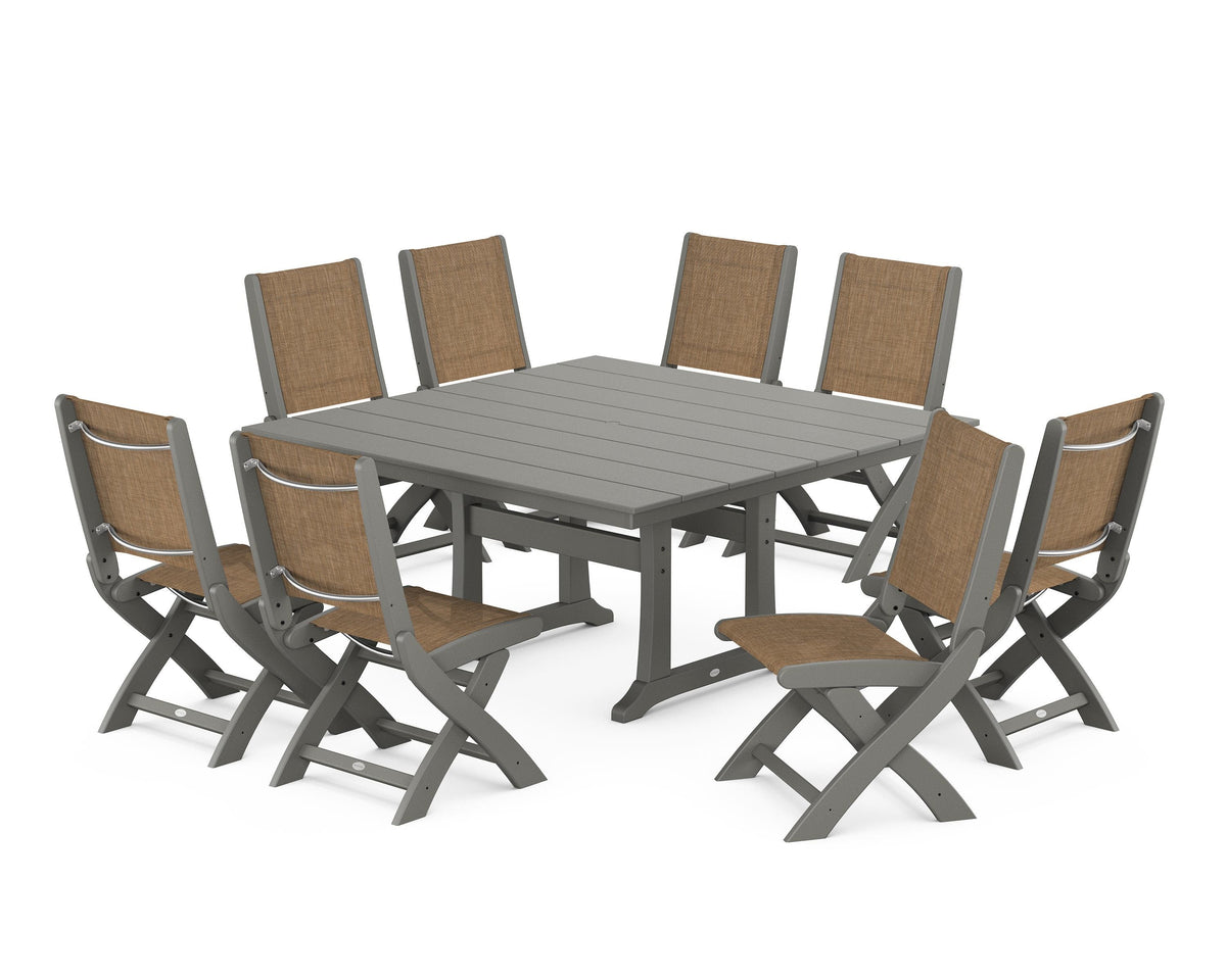 POLYWOOD Coastal Folding Side Chair 9-Piece Farmhouse Dining Set in Slate Grey / Burlap