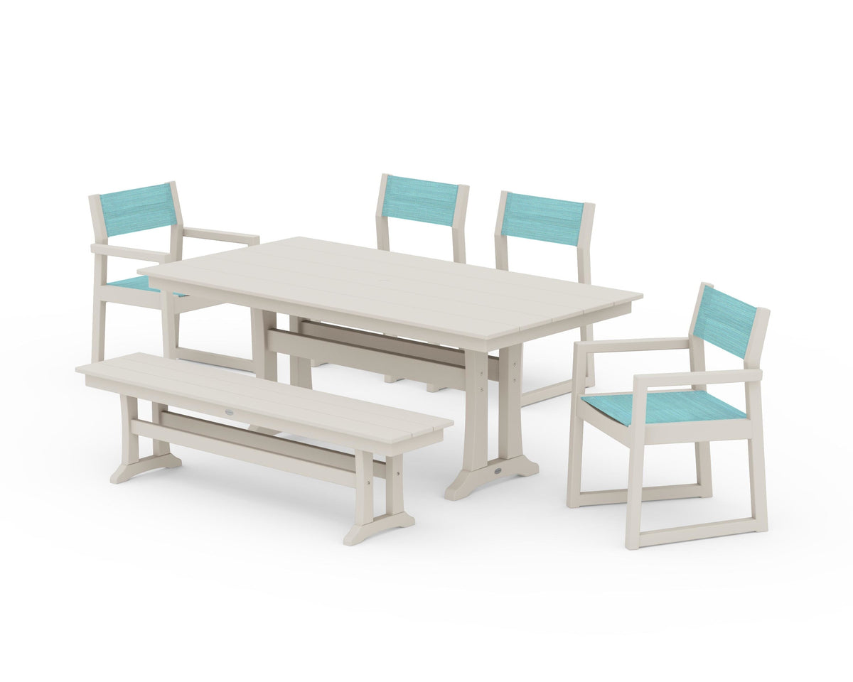 POLYWOOD EDGE Sling 6-Piece Farmhouse Dining Set With Trestle Legs in Sand / Dupioni Aquamarine