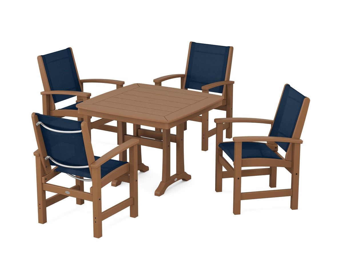 POLYWOOD Coastal 5-Piece Dining Set with Trestle Legs with Nautical Trestle 37" Dining Table in Teak / Navy Blue