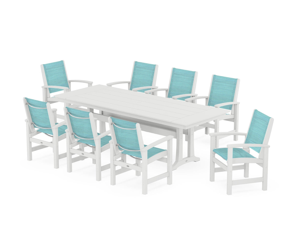POLYWOOD Coastal 9-Piece Farmhouse Dining Set with Trestle Legs in White / Dupioni Aquamarine