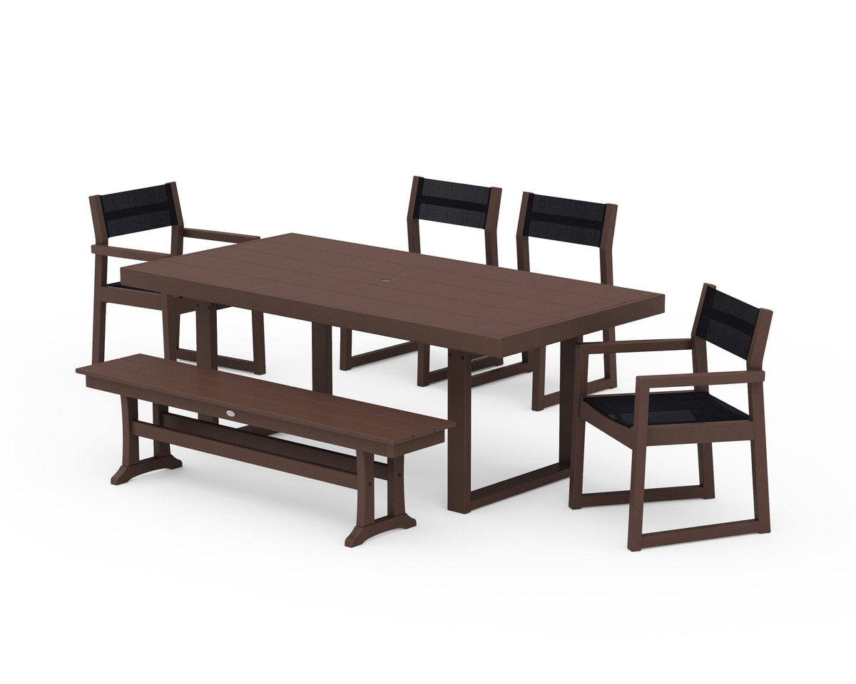 POLYWOOD EDGE Sling 6-Piece Dining Set with Bench in Mahogany / Black