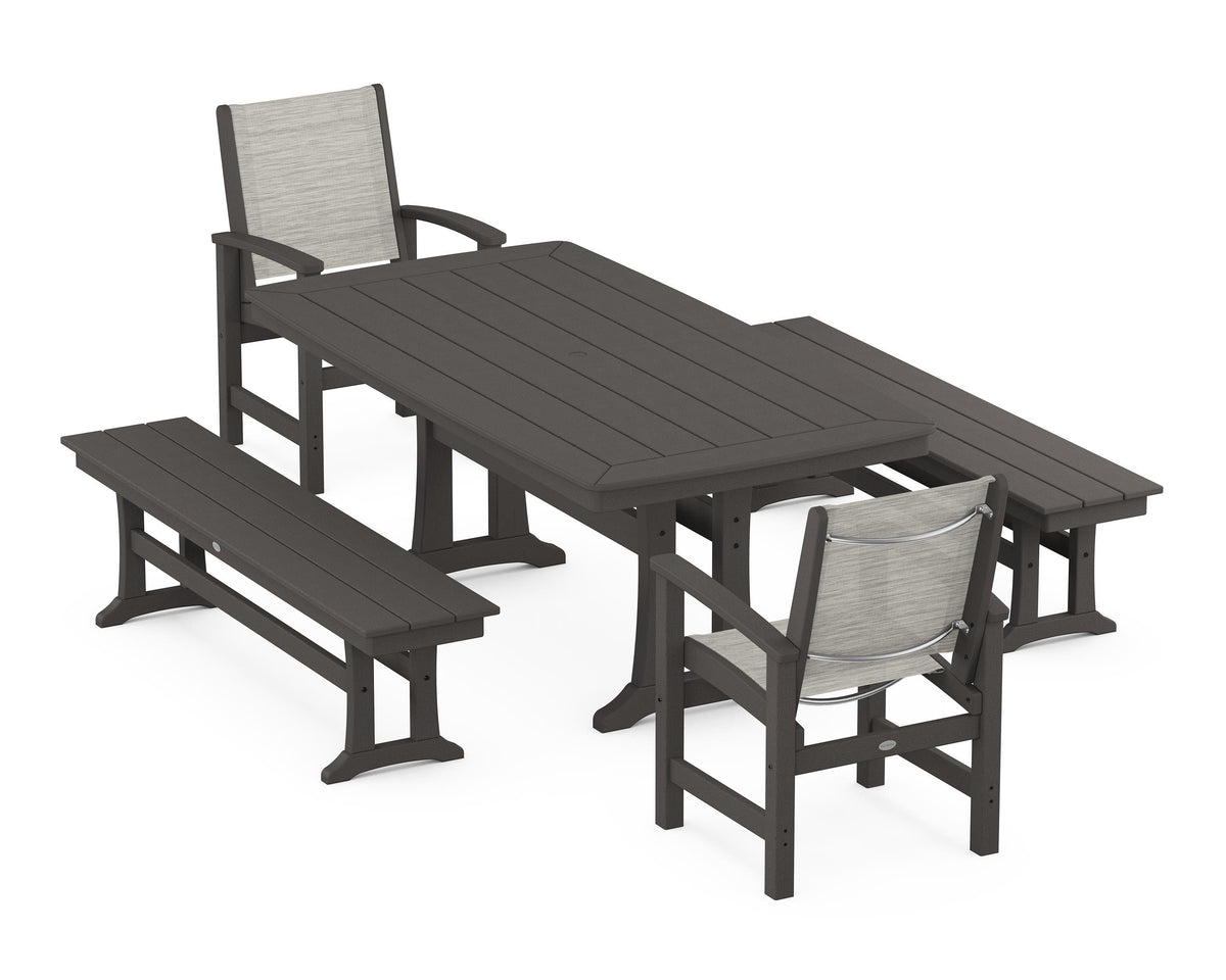 POLYWOOD Coastal 5-Piece Dining Set with Trestle Legs and Benches in Vintage Coffee / Birch