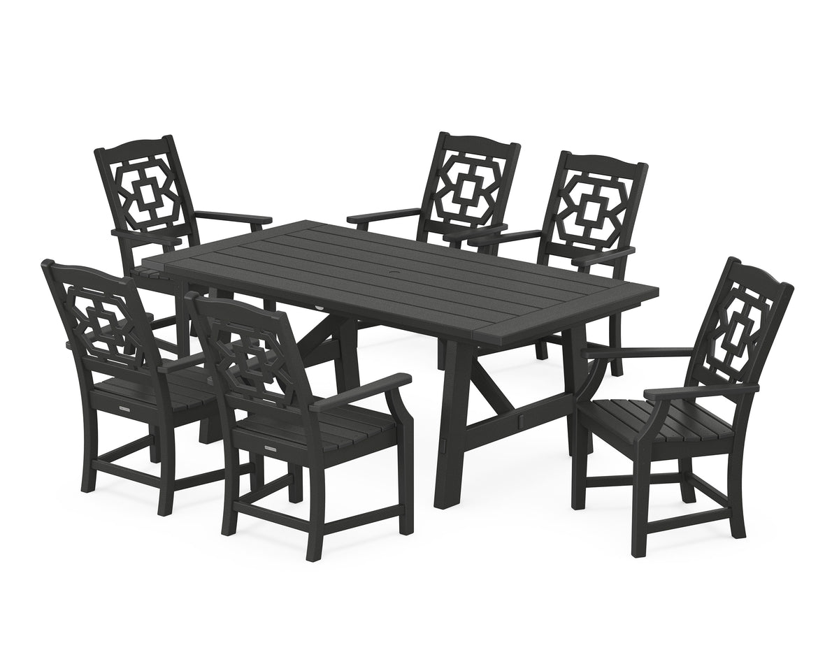POLYWOOD Chinoiserie Arm Chair 7-Piece Rustic Farmhouse Dining Set in Black