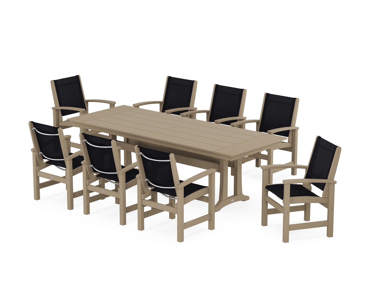 POLYWOOD Coastal 9-Piece Farmhouse Dining Set with Trestle Legs in Vintage Sahara / Black
