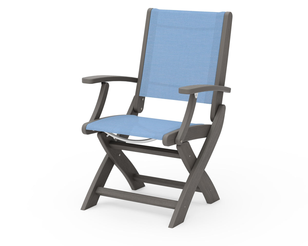 POLYWOOD Coastal Folding Chair in Driftwood with Driftwood arms and Poolside sling