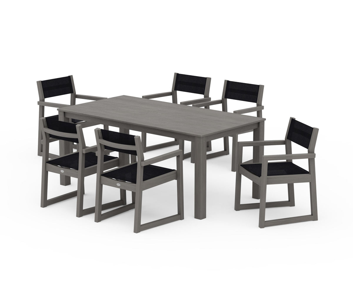 POLYWOOD EDGE Sling Arm Chair 7-Piece Parsons Dining Set in Driftwood / Black