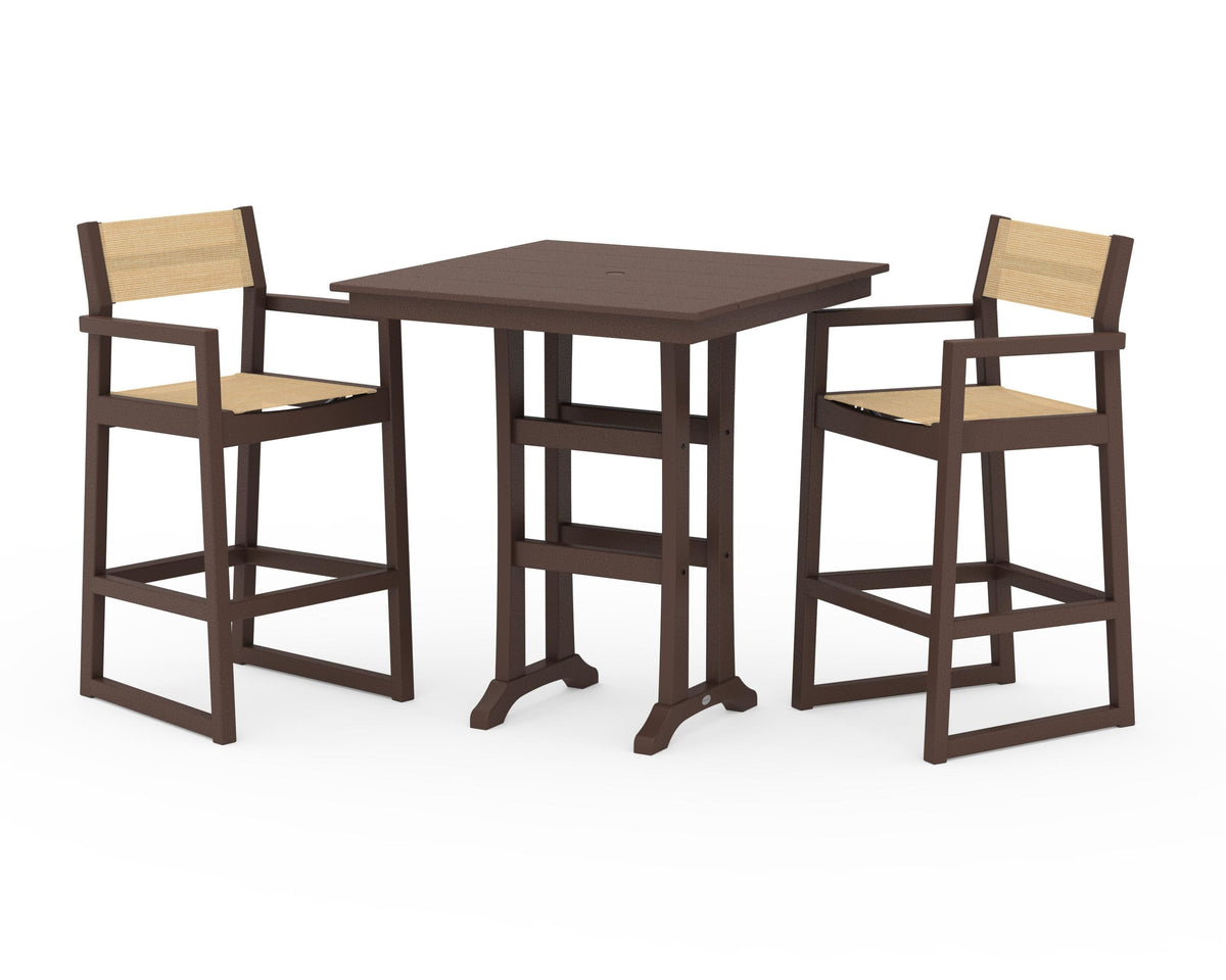 POLYWOOD EDGE Sling Arm Chair 3-Piece Farmhouse Bar Set with Trestle Legs in Mahogany / Dupioni Apricot