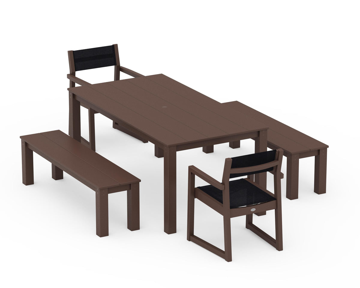 POLYWOOD EDGE Sling Arm Chair 5-Piece Parsons Dining Set with Benches in Mahogany / Black