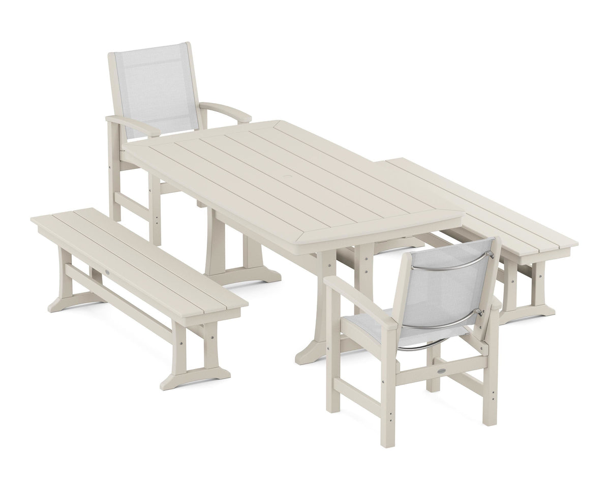 POLYWOOD Coastal 5-Piece Dining Set with Trestle Legs and Benches in Sand / White