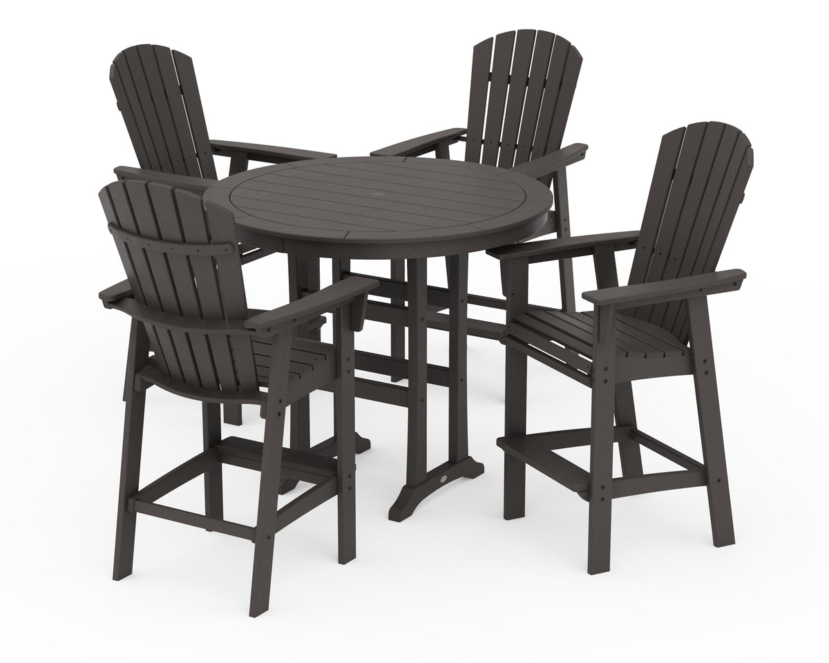 POLYWOOD Nautical Curveback Adirondack 5-Piece Round Trestle Bar Set in Vintage Coffee