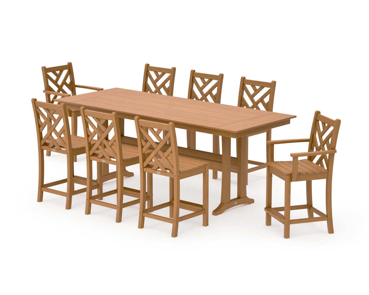 POLYWOOD Chippendale 9-Piece Farmhouse Counter Set with Trestle Legs in Natural