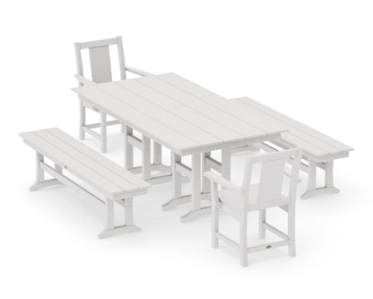 POLYWOOD Prairie 5-Piece Farmhouse Dining Set with Benches in Vintage White