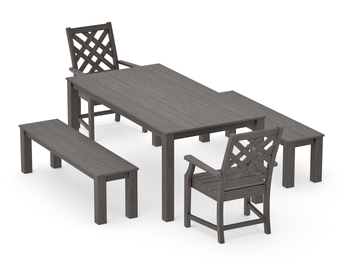 POLYWOOD Wovendale 5-Piece Parsons Dining Set with Benches in Driftwood