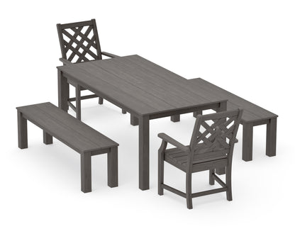 POLYWOOD Wovendale 5-Piece Parsons Dining Set with Benches in Driftwood
