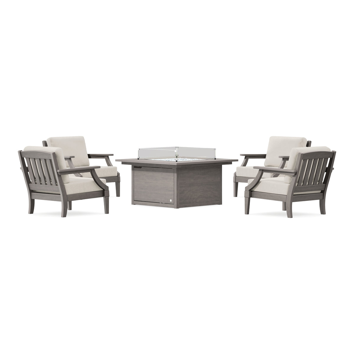 POLYWOOD PW Designer Series Estate 5-Piece Lounge Fire Table Set in Driftwood / Dune Burlap