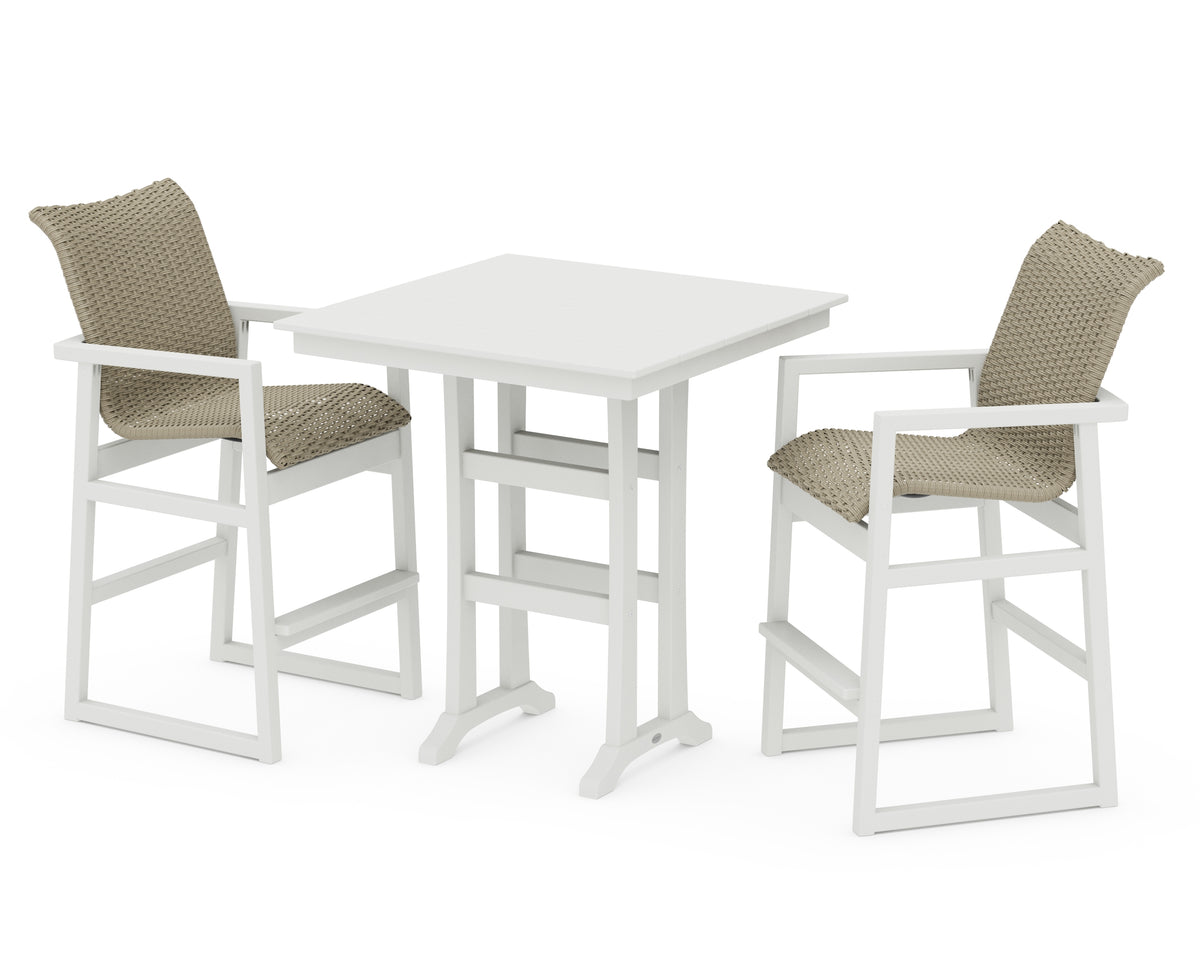 POLYWOOD EDGE Woven 3-Piece Farmhouse Bar Set with Trestle Legs in White / Dune Grass