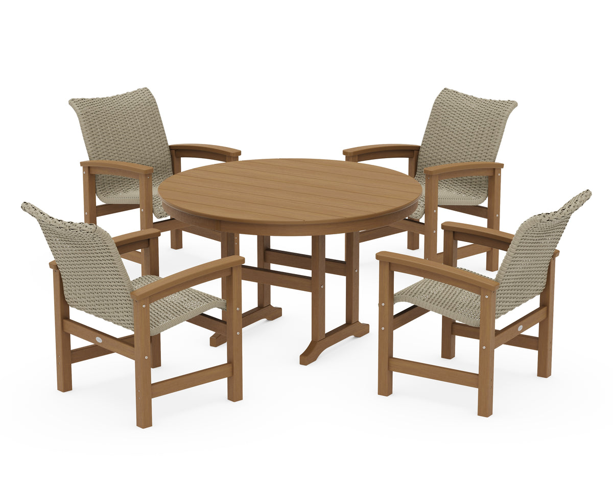 POLYWOOD Coastal Woven 5-Piece Round Farmhouse Dining Set in Natural / Dune Grass