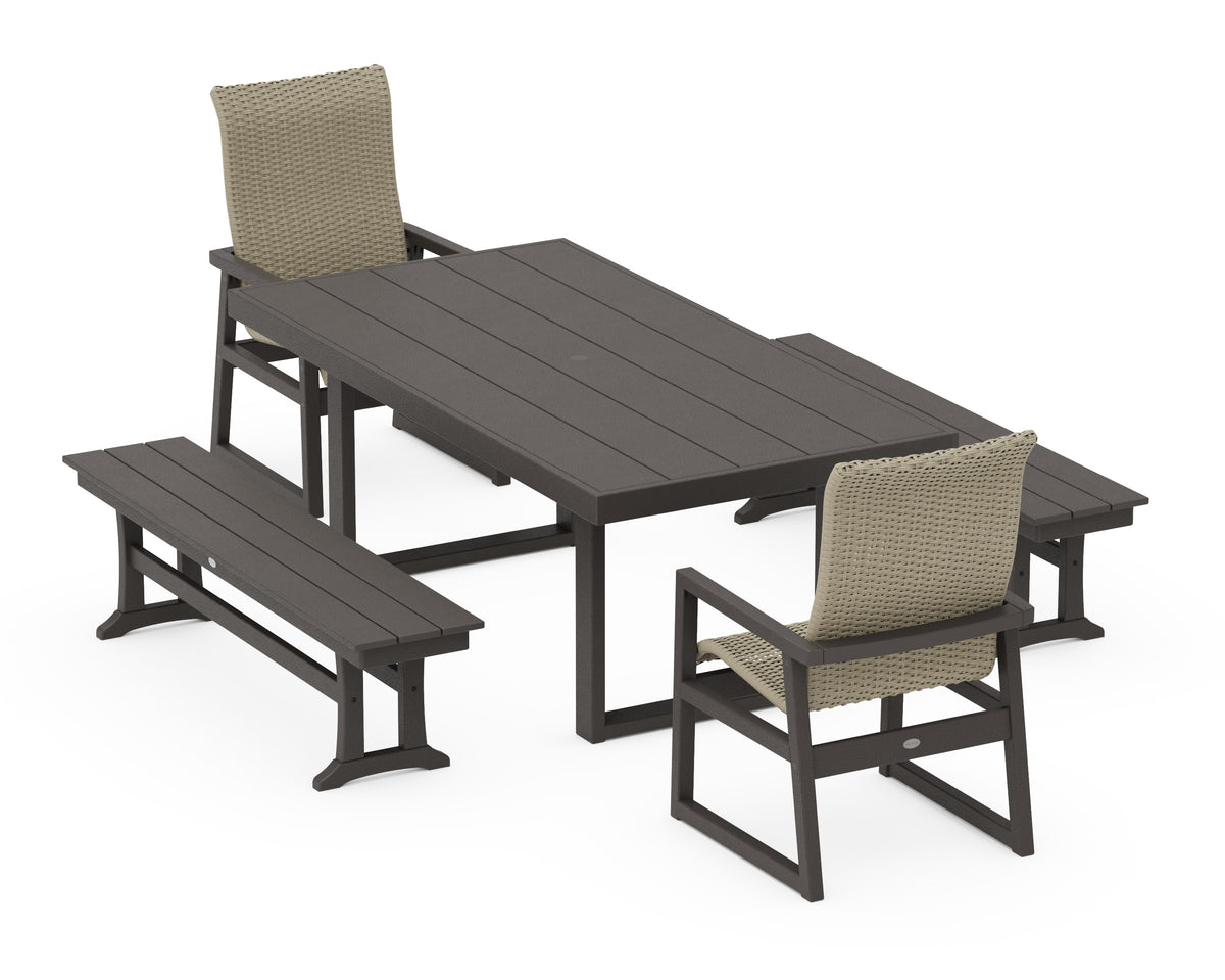 POLYWOOD EDGE Woven High-Back 5-Piece Dining Set with Benches in Vintage Coffee / Dune Grass