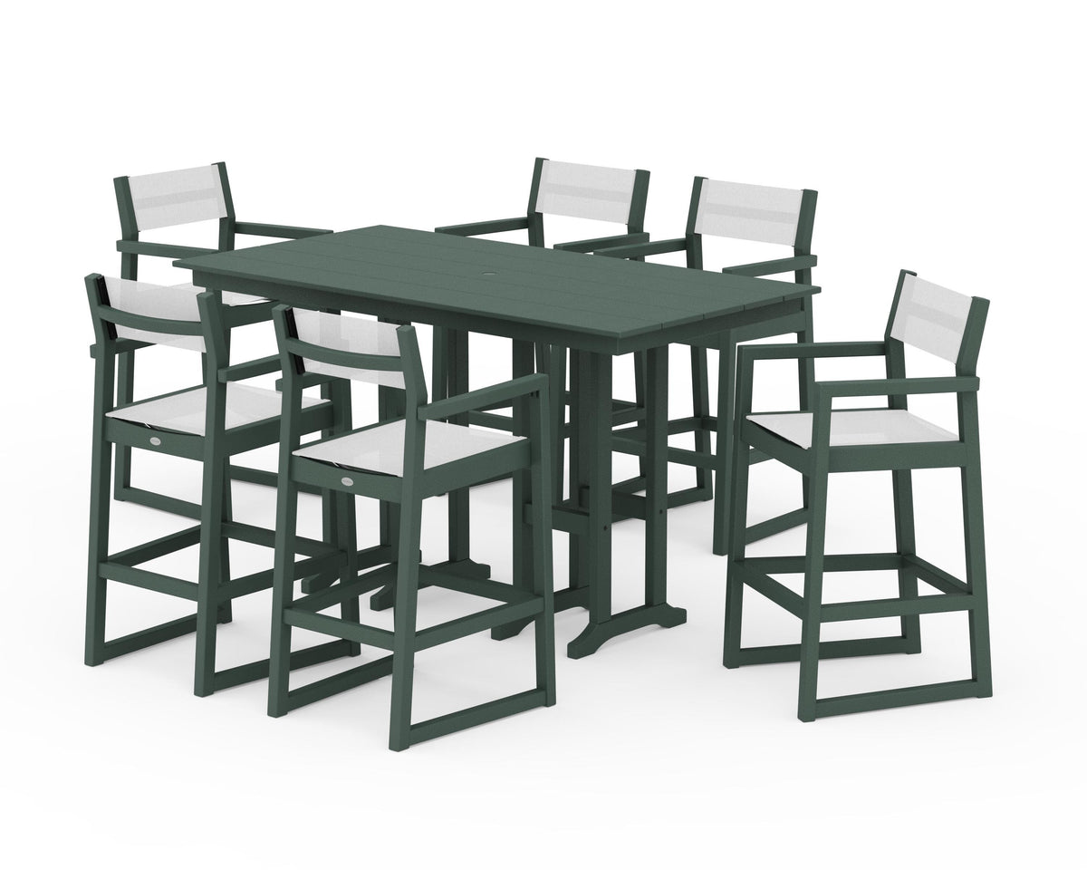 POLYWOOD EDGE Sling Arm Chair 7-Piece Farmhouse Bar Set in Green / White