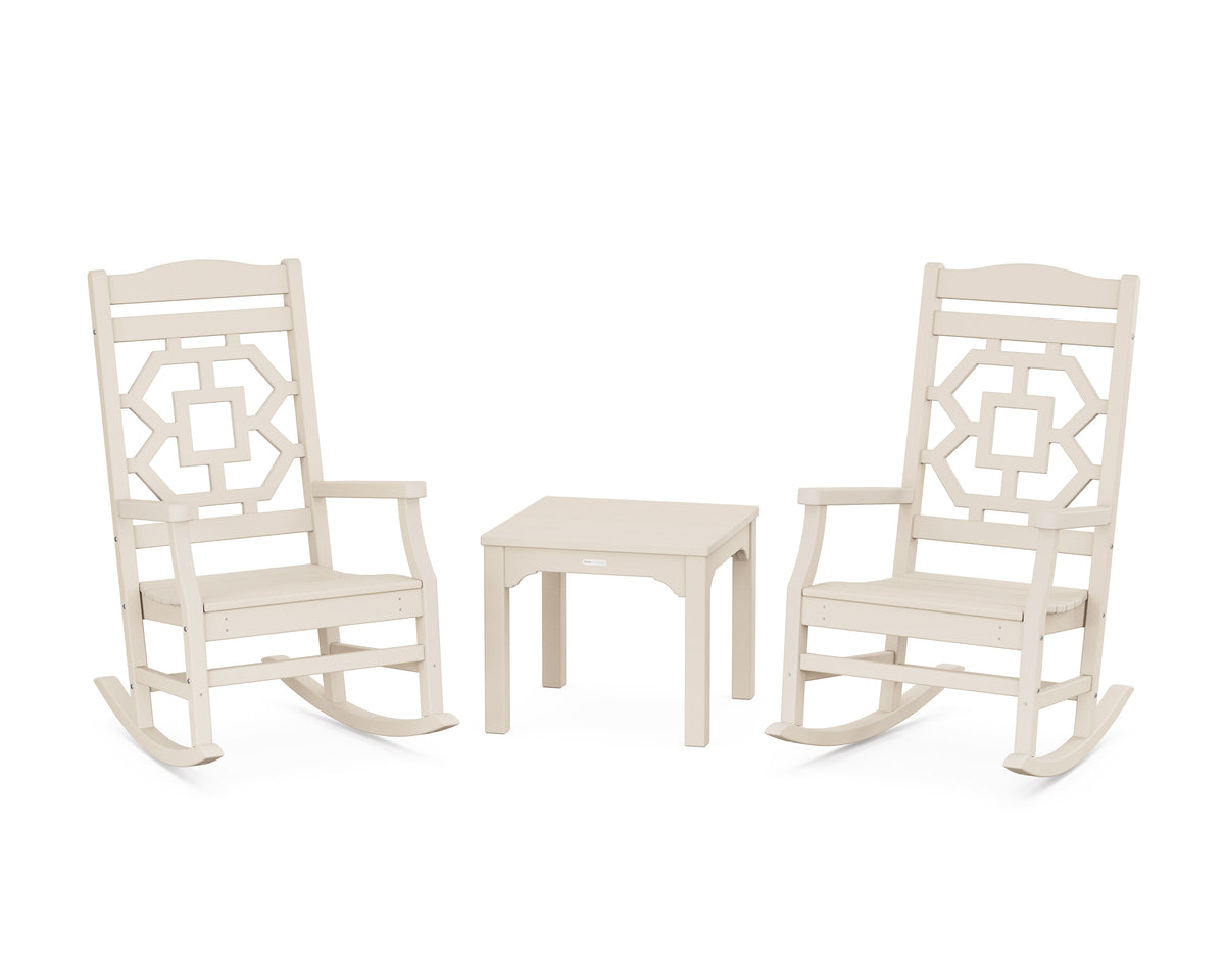 POLYWOOD Chinoiserie 3-Piece Rocking Chair Set in Sand
