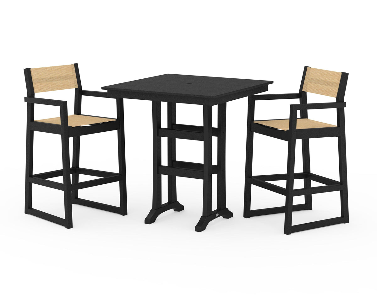 POLYWOOD EDGE Sling Arm Chair 3-Piece Farmhouse Bar Set with Trestle Legs in Black / Dupioni Apricot