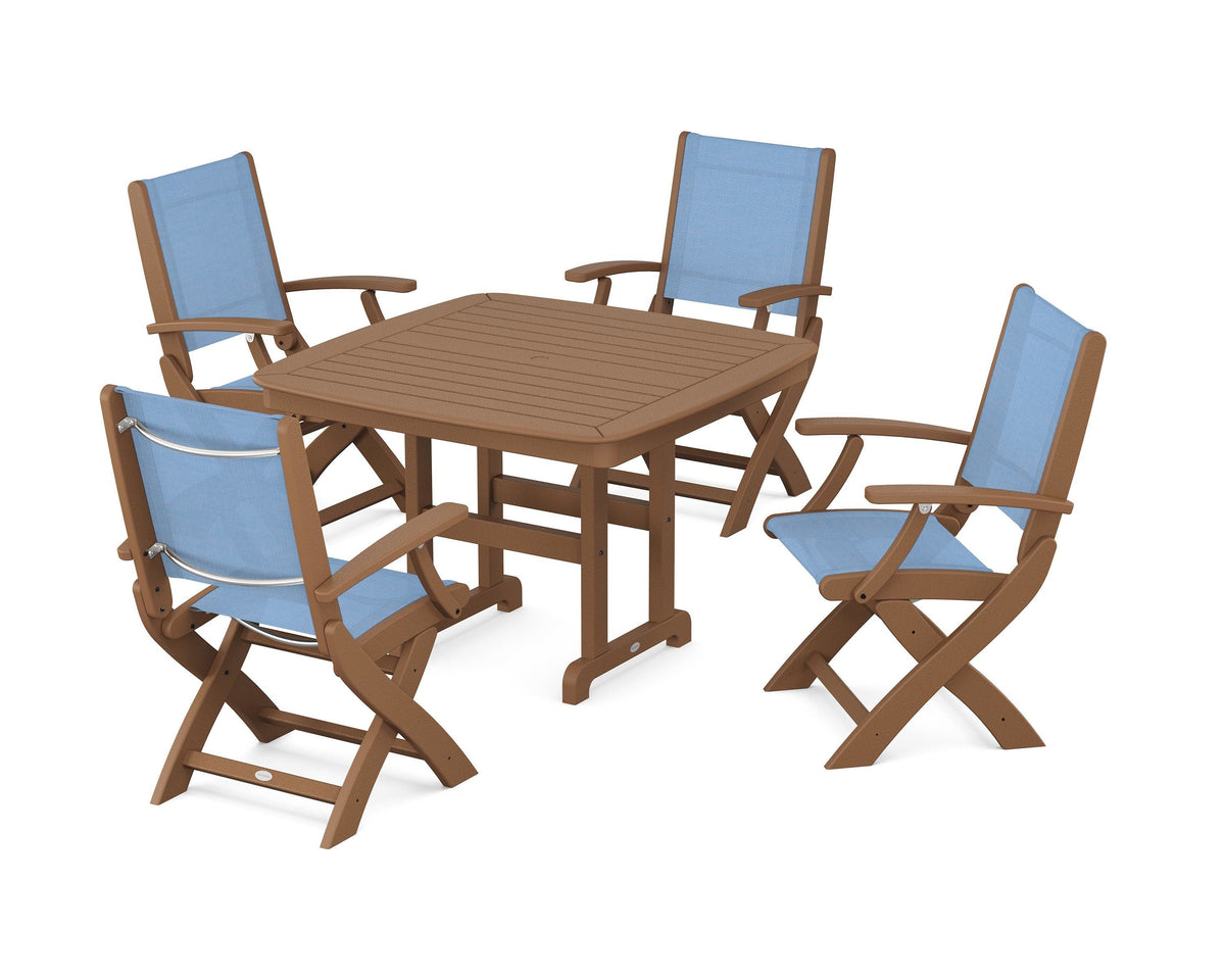 POLYWOOD Coastal Folding Chair 5-Piece Dining Set with Nautical 44" Dining Table in Teak / Poolside