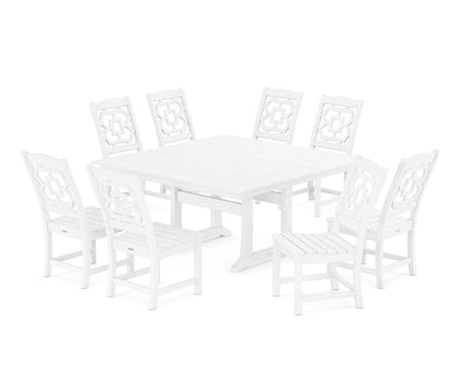 POLYWOOD Chinoiserie 9-Piece Square Farmhouse Side Chair Dining Set with Trestle Legs in White