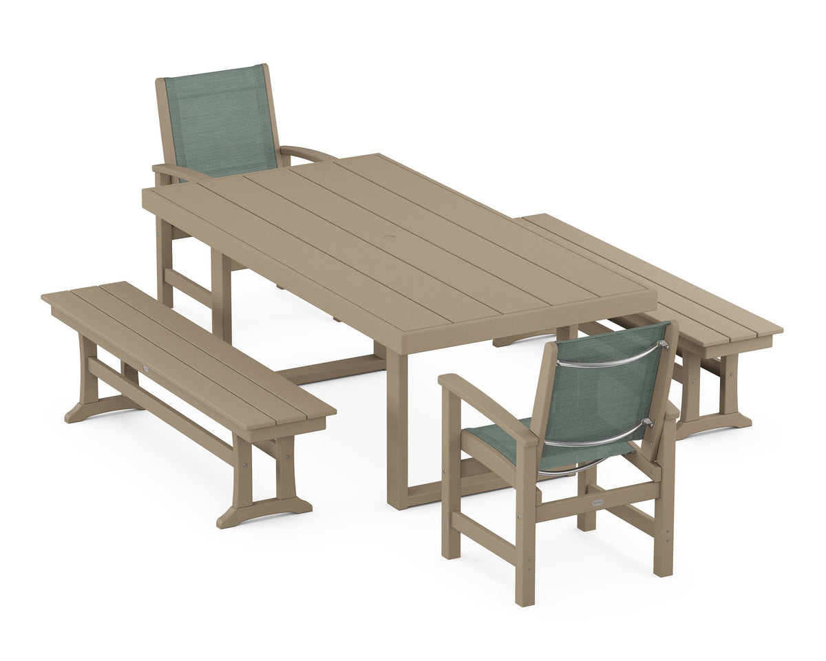 POLYWOOD Coastal 5-Piece Dining Set with Trestle Legs with EDGE 40" x 78" Dining Table in Vintage Sahara / Dupioni Sea Mist