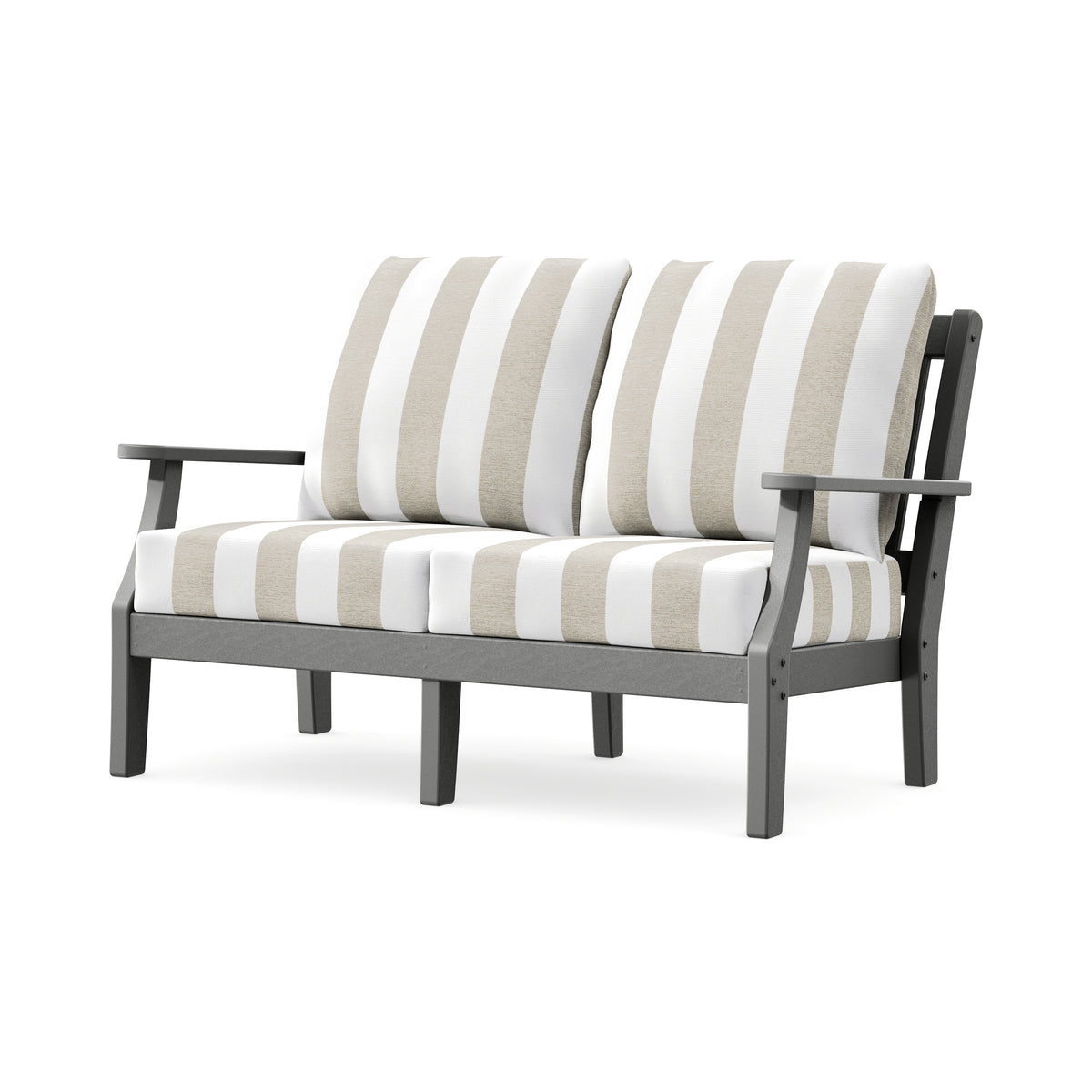 POLYWOOD Chinoiserie Deep Seating Loveseat in Slate Grey / Cabana Stripe Dune Burlap