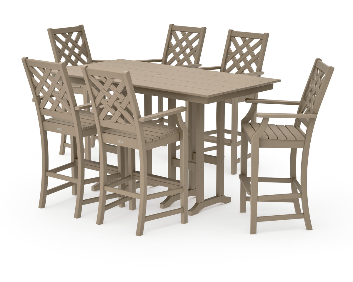 POLYWOOD Country Living Wovendale Arm Chair 7-Piece Farmhouse Bar Set in Vintage Sahara
