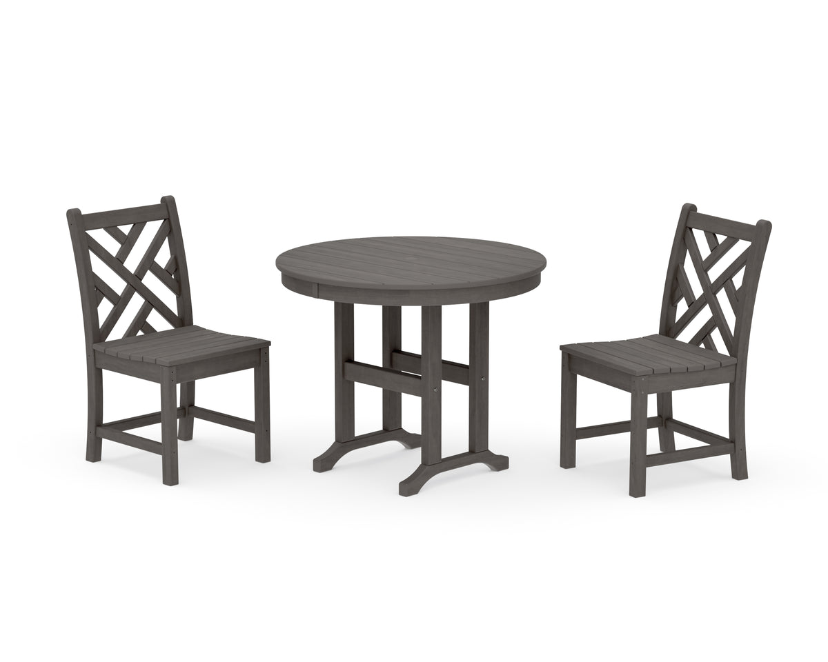 POLYWOOD Chippendale Side Chair 3-Piece Round Dining Set in Driftwood