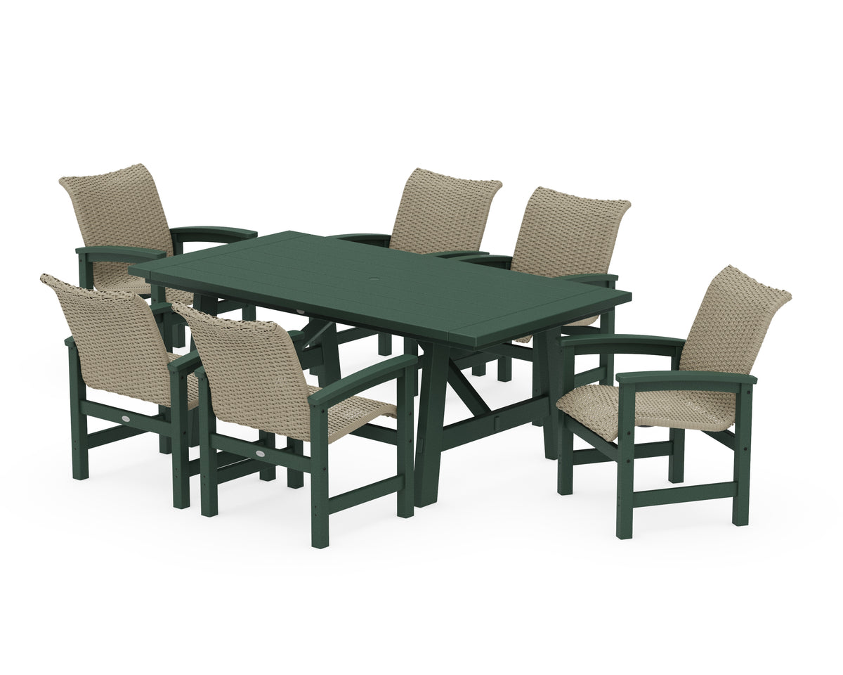 POLYWOOD Coastal Woven Arm Chair 7-Piece Rustic Farmhouse Dining Set in Green / Dune Grass