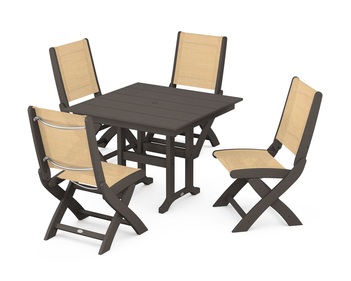POLYWOOD Coastal Folding Side Chair 5-Piece Farmhouse Dining Set in Vintage Coffee / Dupioni Apricot